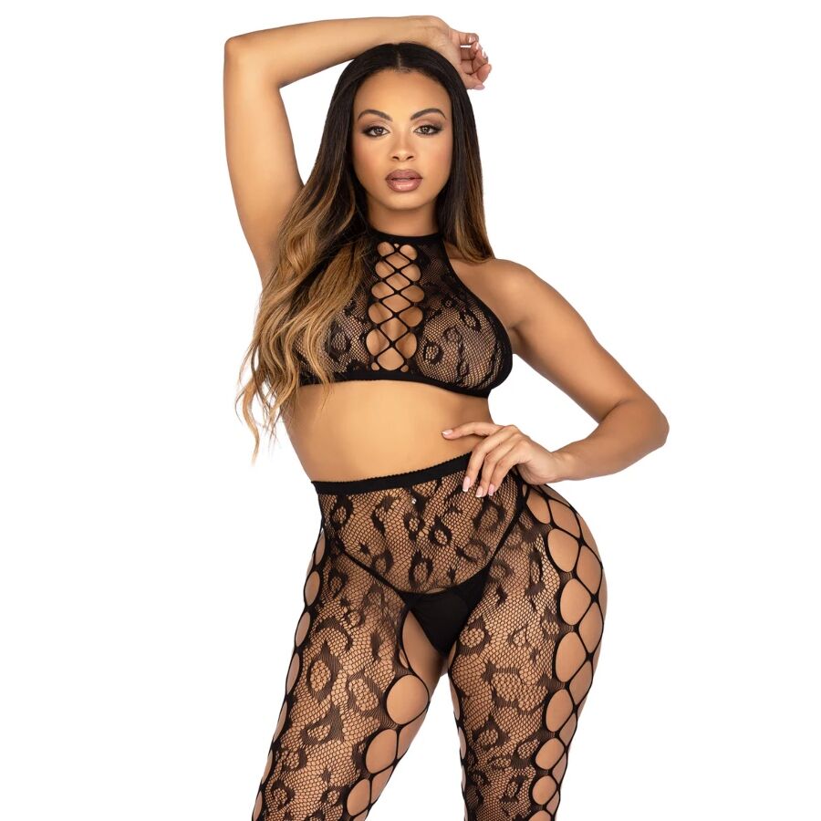 LEG AVENUE - 89372 CROP TOP & CROTCHLESS TIGHTS BLACK - ONE SIZE