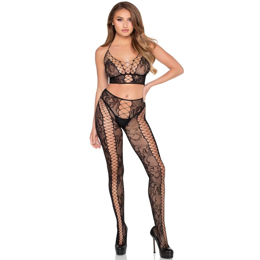 LEG AVENUE - 89368 NET & LACE CROP TOP AND TIGHTS BLACK - ONE SIZE
