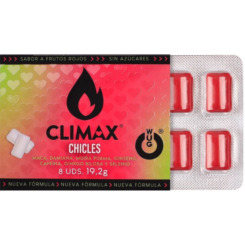 WUG Climax - Functional chewing gum with Maca, Damiana and Ginseng to enhance desire and intimate vitality. BLISTER 8 UNITS