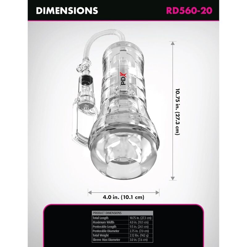 PDX ELITE - VIEWTUBE VAC XXL TRANSPARENT STROKER WITH SUCTION PUMP 27.3 CM